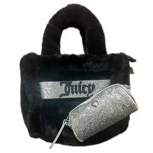 NEW Juicy Couture Black Faux Fur Mini Tote & Barrel Coin Purse Set